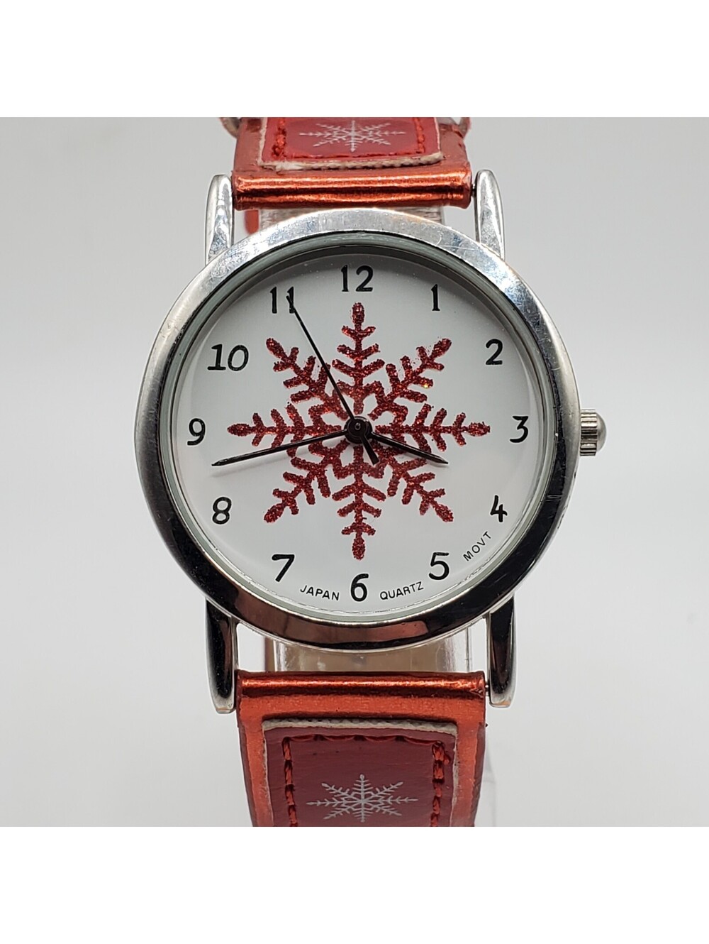 Red Snowflake Quartz Watch Womens 32mm Red Snowflake Band New Battery